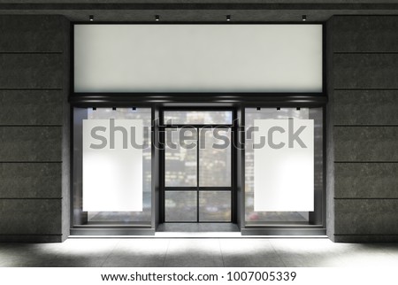 Dark gray stone and white cafe facade with two vertical posters near a glass door at night. 3d rendering mock up