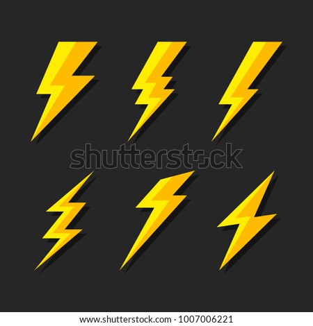 Thunder and Bolt Lighting Flash Icons Set. Flat Style on Dark Background. Vector Royalty-Free Stock Photo #1007006221