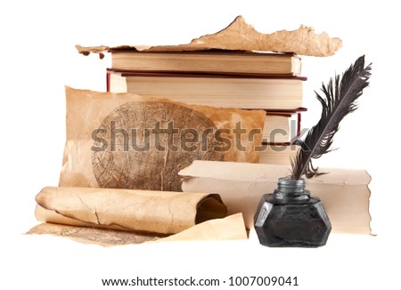 old paper and inkwell with pen isolated on white background closeup