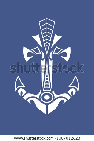 Anchor tattoo in maori tribal style. Blue background