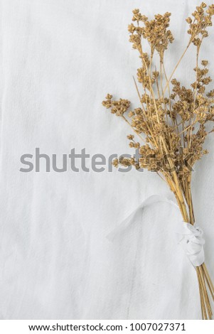 Bouquet of Dry Beige Brown Flowers Tied with Silk Ribbon on White Linen Fabric Background. Japanese Style. Easter Mother's Day. Elegant Female Styled Stock Photo for Website Blog Social Media 