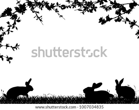 illustration with rabbit silhouettes in grass near spring blossoming tree isolated on white background