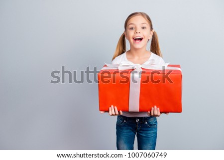 Mother's day fashion beauty leisure face growing-up sale discount relationship concept. Astonished amazed wondered lovely with ponytails sweet girl holding huge wrapped box isolated on gray background