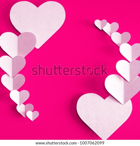 Happy Valentines Day card in the realistic paper design. Set of declarative white and pink paper hearts on light pink background. 3D illustration