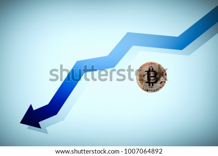 Bitcoin on a blue background. The collapse of the cryptocurrency. Infographics. The decline in value.