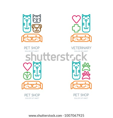 Vector pet shop, veterinary line logo, emblem or label design elements. Color outline isolated icons. Goods and accessories for animals. Template for vet, pet care, cats and dogs grooming.