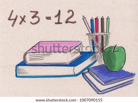 Illustration of drawing colored pencils elements and objects of school life