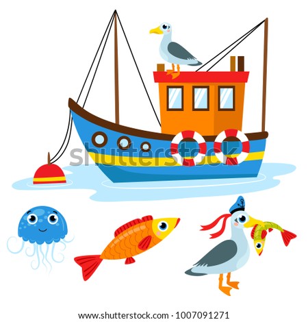 Set of boat, fish, seagull, jellyfish and boat. Vector flat cartoon illustration