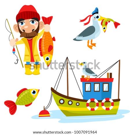 Set of happy fisherman character hold big fish, seagull, fish and boat. Vector flat cartoon illustration