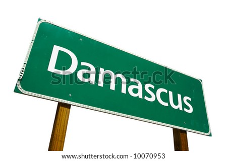 Damascus road sign isolated on white.