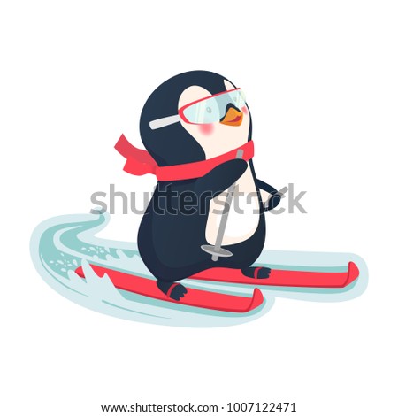 Penguin riding on skis on snow. Penguin cartoon vector illustration.