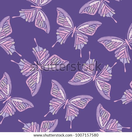 Ultra violet trendy seamless pattern. Embroidery butterflies on pantone colors of the year 2018 background. Vector illustration.