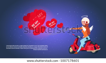 Happy Valentines Day Concept Woman Cupid Riding Retro Motor Bike Holding Heart Shaped Air Balloons Flat Vector Illustration