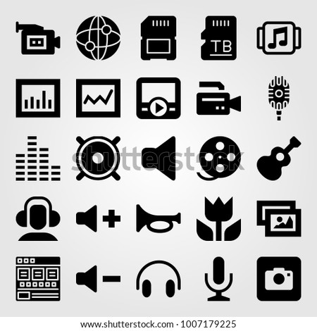 Multimedia icon set vector. mic, sound bars, film roll and music player