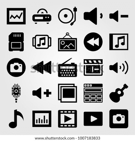 Multimedia icon set vector. musical note, music player, analytics and guitar