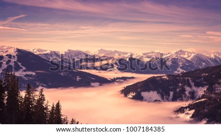 Austria Aips Salzburger Land panorama. Winter mountains landscape outdoor background. Toned.