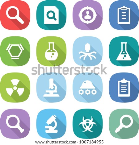 flat vector icon set - magnifier vector, search document, target audience, clipboard, hex molecule, round flask, virus, nuclear, microscope, lunar rover, biohazard