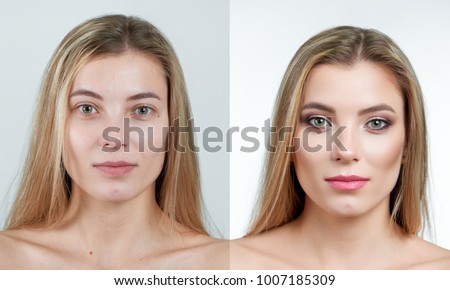 Comparison photo of a beautiful blonde girl with long hair without and with makeup. Photo made on white background in a professional photo studio.
