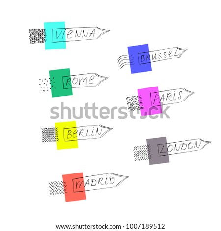 Vector clip art of signboards in memphis design style. Set of pointers with the names of european cities: London, Brussel, Paris, Madrid, Vienna, Rome, Berlin with abstract geometric shapes and lines