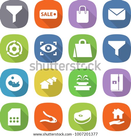 flat vector icon set - funnel vector, sale, shopping bag, mail, around gear, eye identity, pregnancy, houses, fountain, fridge, sim card, walnut crack, steake, housing