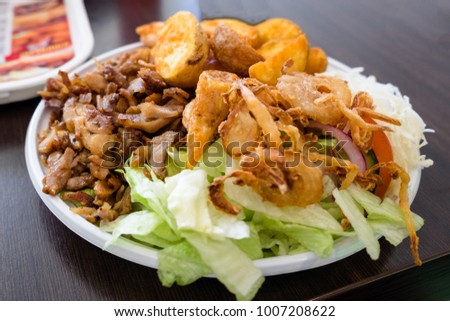 Traditional eastern fast food, doner kebab (giros), in the restaurant of Gyula, Hungary