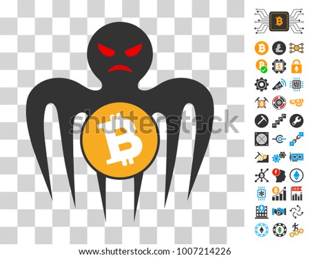 Bitcoin Spectre Monster icon with bonus bitcoin mining and blockchain clip art. Vector illustration style is flat iconic symbols. Designed for bitcoin ui toolbars.