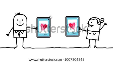 Cartoon Couple watching Hearts on Tablets