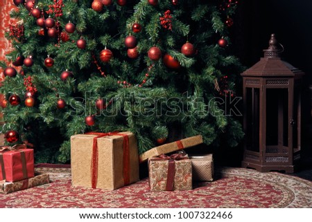 Christmas interior with Christmas tree and gifts
