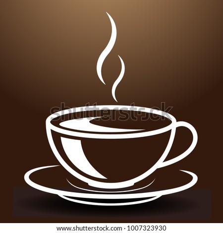 Wide cup with hot, steaming drink. Painted with white lines on a brown background. Very good for logo, cafeteria, cafe, business card, menu card, picture, icon.