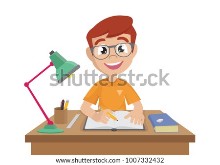 Cartoon character, Boy makes a homework., vector eps10 Royalty-Free Stock Photo #1007332432