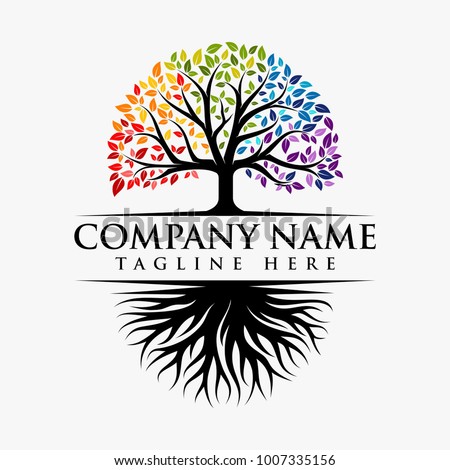 Abstract vibrant tree logo design, root vector isolated on white background Royalty-Free Stock Photo #1007335156