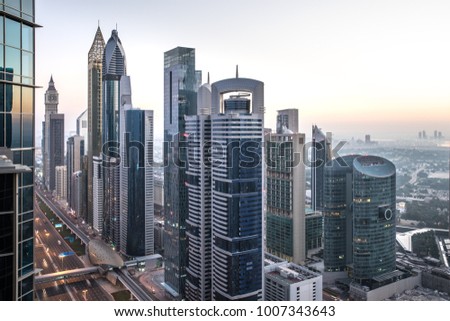 View of Dubai International Financial District at sunrise. Dubai, UAE. Royalty-Free Stock Photo #1007343643