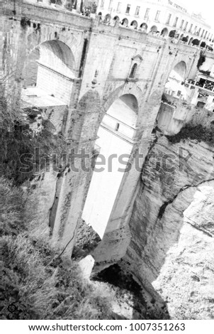 Black and white of the bridge of Ronda, Spain.