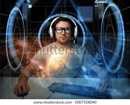 technology, cyberspace, programming and people concept - hacker man in headset and eyeglasses with pc computer keyboard over virtual projections Royalty-Free Stock Photo #1007358040