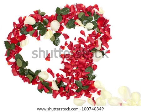 Heart shaped bouquet of red and white roses on white background
