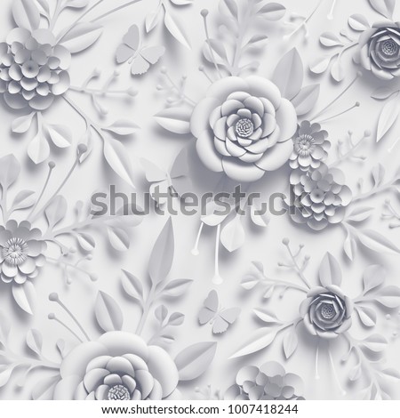 3d rendering, white paper flowers, botanical background, bridal bouquet, lace wedding wall decoration, floral pattern