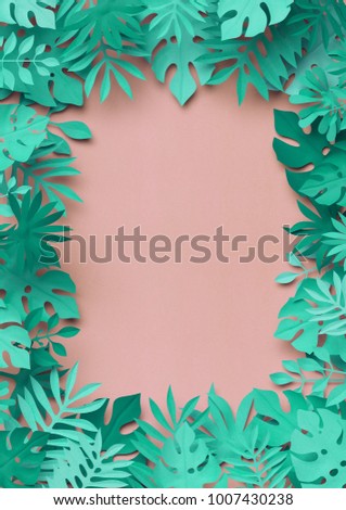 3d rendering, paper art, tropical palm leaves, botanical background, pastel candy colors, tropical nature, foliage frame, blank card template