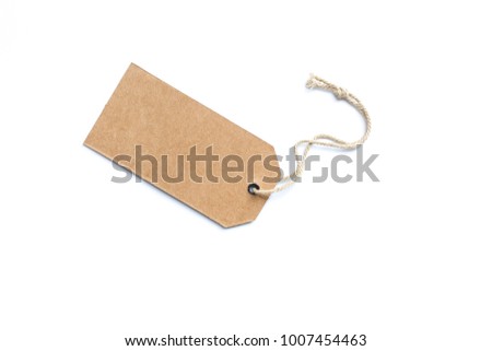 Blank brown cardboard price tag or label or sale tag, with thread isolated white background.