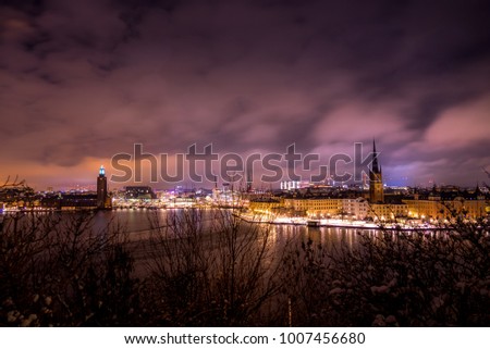 Stockholm skyline at night in winter, Sweden