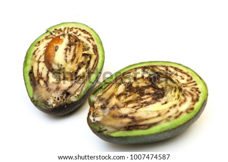 A picture of an ugly rotten avocado fruit. The seed and the inside is visible. Isolated on white background. 