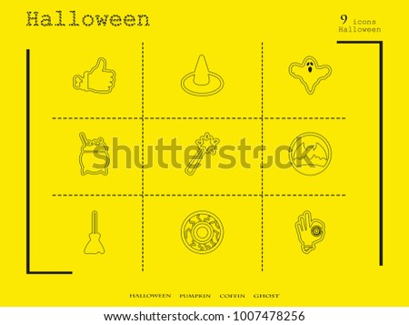 Collection of 9 halloween icons. Vector illustration in thin line style