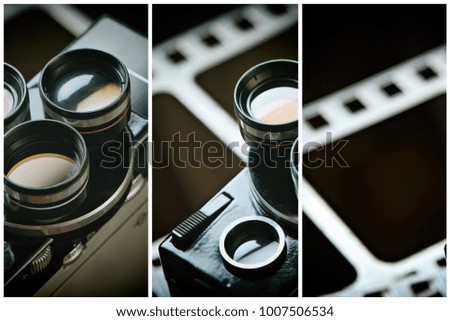 Old retro movie camera on background of perforation film