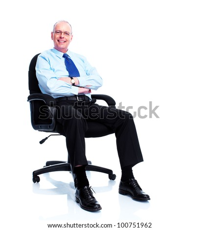 Relaxing sitting businessman. Isolated on white background.