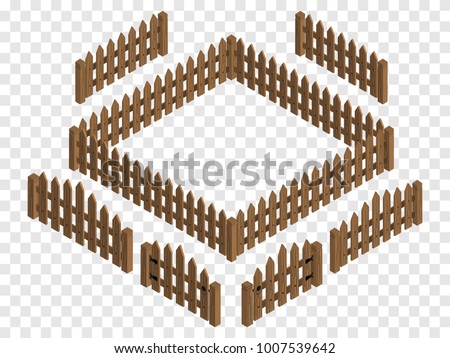 Wooden isometric fences and gates. Vector template. Design elements  isolated on checkered background. Royalty-Free Stock Photo #1007539642