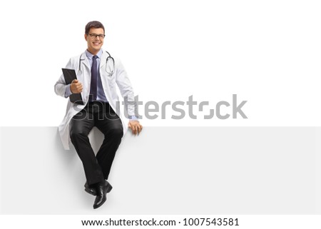 Doctor with a clipboard sitting on a panel isolated on white background Royalty-Free Stock Photo #1007543581