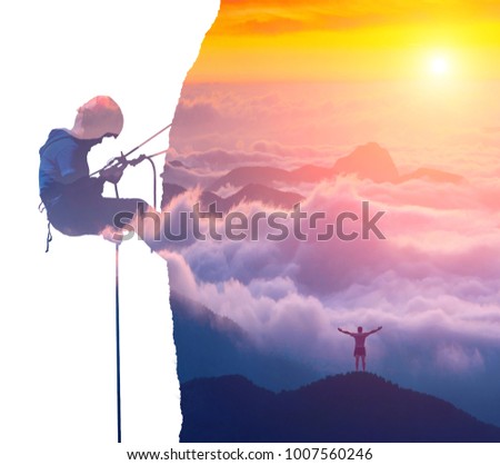 Silhouette of climber on a cliff and happy hiker in a mountain valley. Double exposure effect photography.