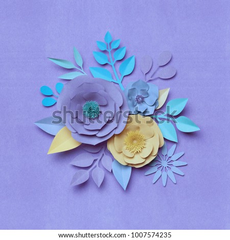 3d rendering, digital illustration, paper texture rose flowers, floral wall decor, botanical background, pastel violet and yellow colors, bouquet