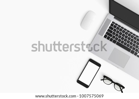 Modern workspace with coffee cup, smartphone and laptop copy space on white color background. Top view. Flat lay style.