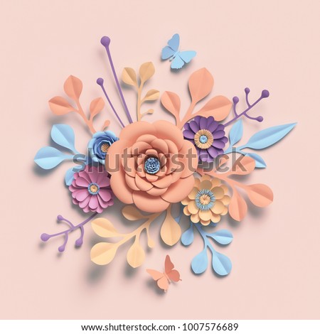 3d rendering, paper flowers, pastel color palette, botanical background, isolated clip art, round bouquet, floral arrangement