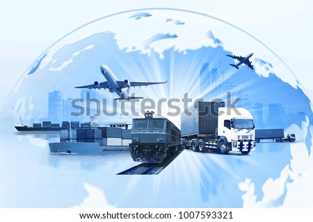Transportation, import-export and logistics concept, container truck, ship in port and freight cargo plane in transport and import-export commercial logistic, shipping business industry  Royalty-Free Stock Photo #1007593321